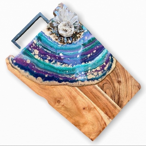 Wood Charcuterie Cheese Board - Clear Quartz Points - Broken Moroccan Geode - Mu - Picture 1 of 11